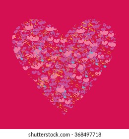 heart background  of musical notes and little hearts. Template Valentine greeting cards. The musical notes in the shape of a heart. Heart made of musical notes. Doodle Hearts. Valentine's day cards.