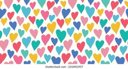 Heart Background Pattern Banner. Vector Seamless Repeat Border Of Hand Drawn Textured Colourful Love Hearts. 