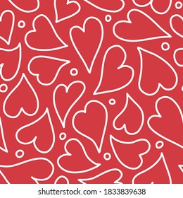 Heart background pattern in red and white. Cute vector seamless repeat outline design ideal for Valentines day. Fun tossed illustration of hearts and dots.