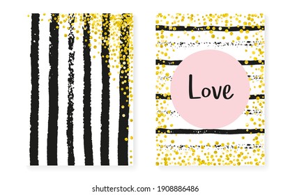Heart Background. Pink Marriage Frame. Decorative Brochure Set. Rose Spray. Golden Stylish Textile. Stripe Trendy Art. Black Mothers Painting. Golden Heart Background