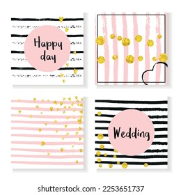 Fondo del corazón. Efecto disperso. Juego de Revistas de Compromiso. Diseño romántico de franja. Golden Gatsby Textile. Papel de escritorio brillante negro. Stardust de Moda Blanca. Fondo del corazón dorado