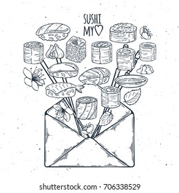 Heart background with sushi and rolls. Japanese traditional cuisine illustration. Vector with love in envelope.