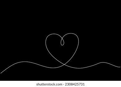Heart background valentine day design, one line draw vector illustration isolated on black background.