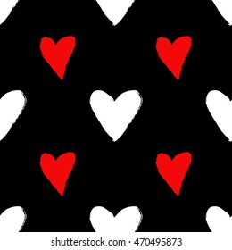 Heart background. Valentines day seamless pattern with white and red hand drawn hearts as symbol for love. Cute vintage design. Vector illustration.