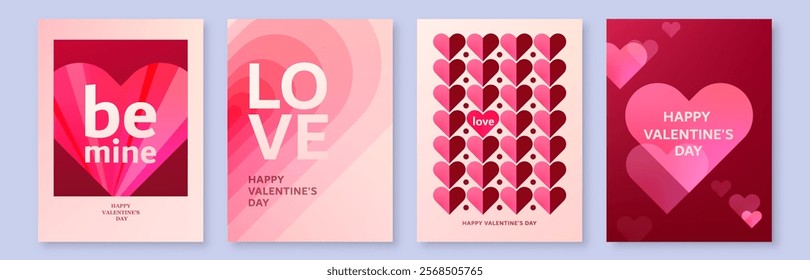 Heart background for Valentines day, vector set. Love pattern with overlay gradient hearts. Geometric romance minimal banner. Modern abstract valentine art in pink, light red color.