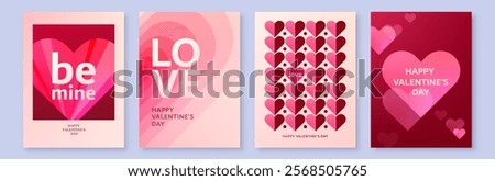 Heart background for Valentines day, vector set. Love pattern with overlay gradient hearts. Geometric romance minimal banner. Modern abstract valentine art in pink, light red color.