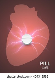 Heart background with white pill. concept of a vaccine . vector illustration