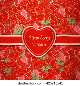 Heart badge on strawberry background for pack.