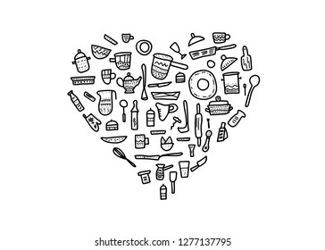 Heart badge of vector kitchen equipments in doodle style. Collection of kitchen dishes and tools objects isolated on white background.