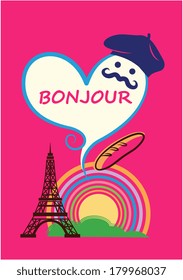 Heart with baguette, Eiffel tower, rainbow and french man with handle bar mustache and beret. EPS10
