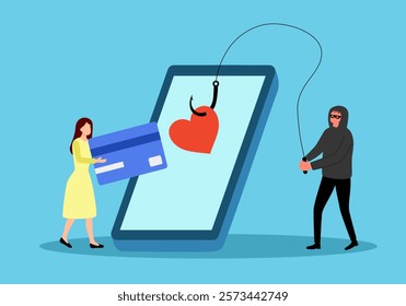 Heart bait for deception and manipulation in relationships. Woman was tricked by criminals into falling in love. Romance scam, cyber crime. vector