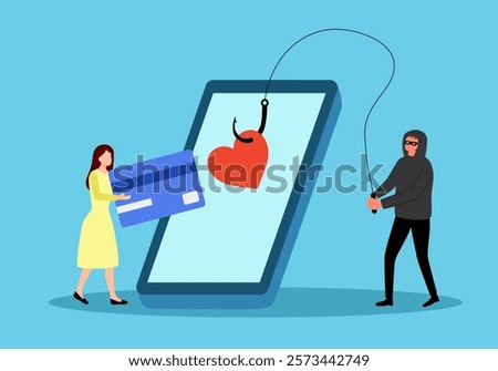 Heart bait for deception and manipulation in relationships. Woman was tricked by criminals into falling in love. Romance scam, cyber crime. vector