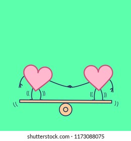 Heart balancing on swing. Vector concept illustration of balance between two hearts | flat design linear infographic icon on green background