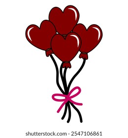 globos de corazón, de diferentes lados y cintas rosas y blancas. Ilustración vectorial para la tarjeta, partido, diseño, volante, cartel, decoración,