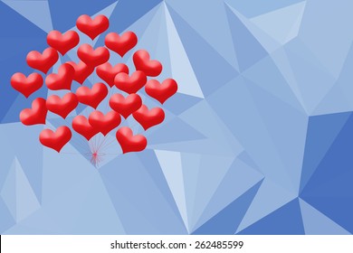  Heart balloon. 3 D heart balloons. Low poly sky blue background. Happy valentine day.