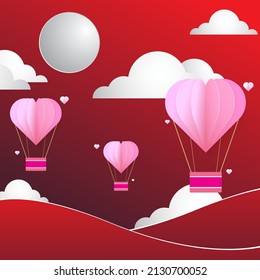 Heart balloon background floating above the ground hill with moon and clouds. Love floats. Paper cut style. Red Background Vector 
