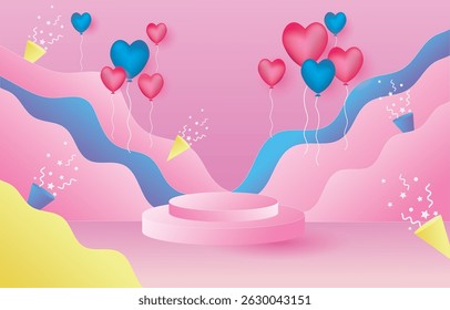 Heart Balloon Celebration Background with Podium – Romantic and Festive Design