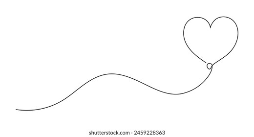 Heart balloon continuous one line drawing, black and white vector minimalistic illustration of love concept made from one line. Vector graphics of romance