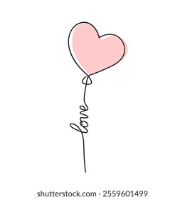 Heart balloon drawn with one continuous line. Cute symbol love. Art icon with pink hearth. Hand draw outline isolated on white background. Drawing lineart prints. Wedding design. Vector illustration