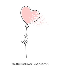 Heart balloon drawn with one continuous line. Cute symbol love. Art icon with pink hearth. Hand draw outline isolated on white background. Drawing lineart prints. Decay effect. Vector illustration