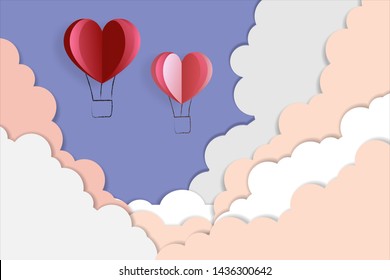 Heart balloon floating on the sky, clouds, style, paper, design, vector illustration