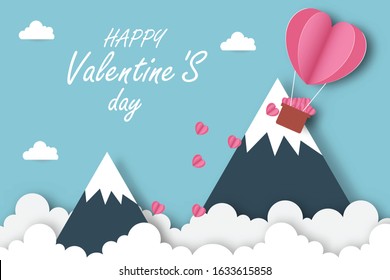 heart balloon flying on the sky, origami and valentine's day concept, Paper art vector illustration.