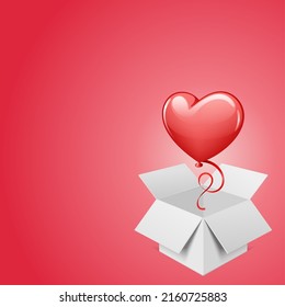 Heart balloon flying out box isometric vector illustration. Romantic red surprise bursting out of gray cardboard container. Love congratulations on valentines day and holiday gift for amorous date.