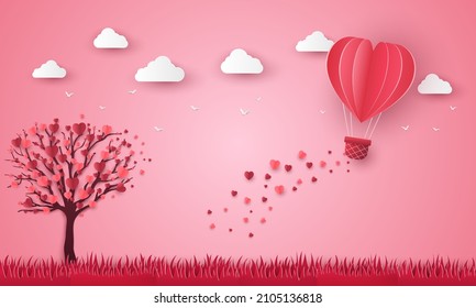 heart balloon flying over grass in paper cut. Happy Valentine's Day, Women's, Mother's greeting card. tree love romantic on pink background. vector illustration in paper art style.
