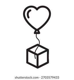 Globo del corazón y caja de regalo Ilustración vectorial en blanco y negro para el día de San Valentín