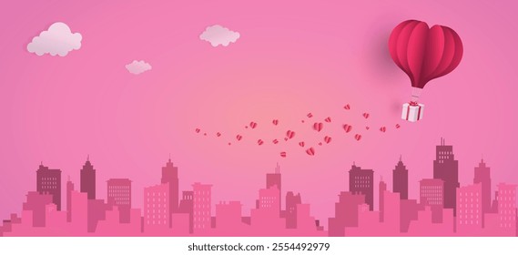 Heart balloon with gift box floating top the city, happy valentine's day banners, paper art style.
