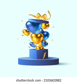 Heart balloon and Gift Box Vector. Blue and Gold Valentine or Relationship Design Ornament