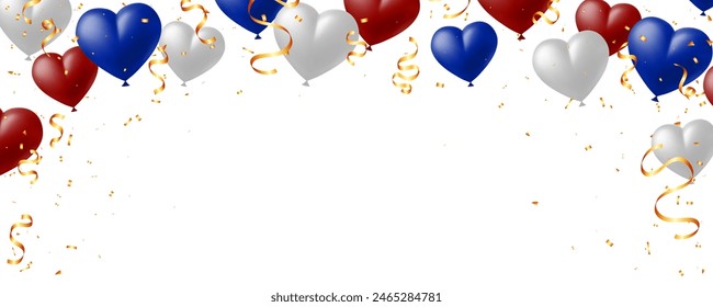 Heart balloon and gold confetti falling decoration party background frame vector illustration. anniversary, festival