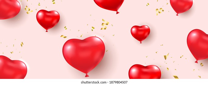 Heart balloon with gold confetti long banner. Happy Valentine's Day holiday card. Realistic red balloons shape heart. Celebration background. Luxury party border. Vector illustration.