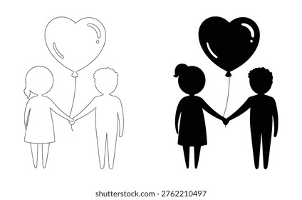 Heart, balloon icon collection. Black silhouette of a couple kissing with a heart shaped balloon, Valentine's Day icon. Couple holding hands with heart shaped balloon icon vector Vector illustration
