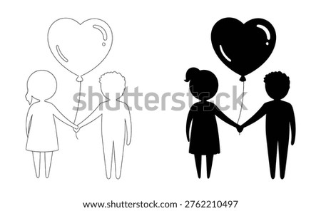 Heart, balloon icon collection. Black silhouette of a couple kissing with a heart shaped balloon, Valentine's Day icon. Couple holding hands with heart shaped balloon icon vector Vector illustration
