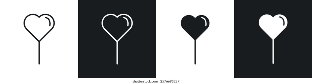 Heart balloon icons collection in black and white solid and line style