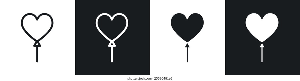 Heart balloon icons pack in black and white filled and outlined versions.