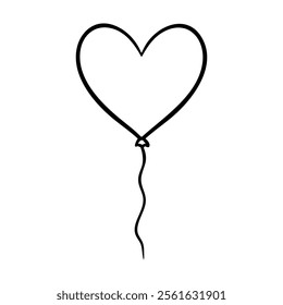 Heart balloon illustration in line art style. Graphic monochrome drawing. Hand drawn heart outline sketch, ink illustration. Design element for wedding invitation, Valentines day card, tattoo, logo