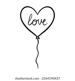 Heart balloon illustration in line art style. Graphic monochrome drawing. Hand drawn heart outline sketch, ink illustration. Design element for wedding invitation, Valentines day card, tattoo, logo