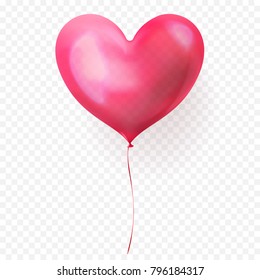 Heart balloon isolated glossy icon for Valentines Day, wedding or birthday greeting card design template. Vector 3D heart helium ballon decoration on transparent background