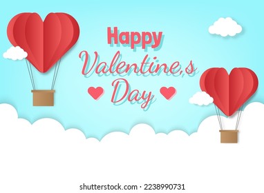 Heart balloon paper cut style on sky. Valentine's day greeting card with Love background. Vector illustration.