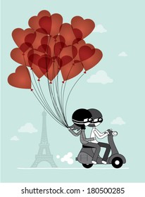 heart balloon paris eiffel tower couple on scooter vector/illustration
