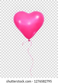 Heart balloon. Realistic pink balloon with ribbon. Valentines Day balloon decoration.