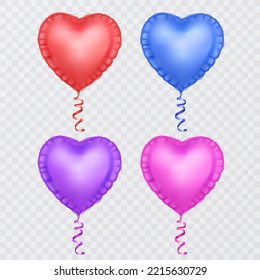 Heart balloon. Red, pink purple and Blue heart shaped balloons decor, valentines day design element for romantic greeting card 3d vector set
