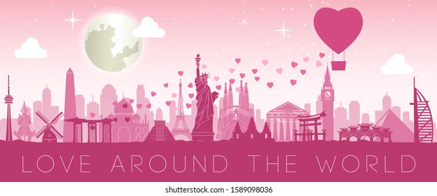 heart balloon scatter hearts that mean love to world landmarks to tell sending love to everyone,vector illustration