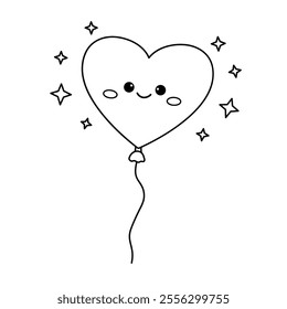 Heart balloon valentine. Heart balloon coloring page. Valentine theme coloring page. Heart balloon clipart illustration. Valentine day cute greeting elements for card, poster, flyers, invitation.