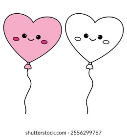 Heart balloon valentine. Heart balloon coloring page. Valentine theme coloring page. Heart balloon clipart illustration. Valentine day cute greeting elements for card, poster, flyers, invitation.