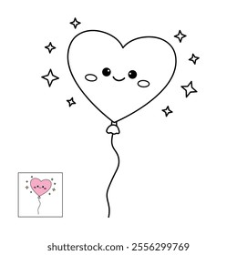 Heart balloon valentine. Heart balloon coloring page. Valentine theme coloring page. Heart balloon clipart illustration. Valentine day cute greeting elements for card, poster, flyers, invitation.