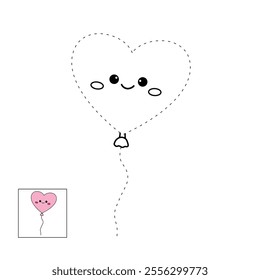 Heart balloon valentine. Heart balloon coloring page. Valentine theme coloring page. Heart balloon clipart illustration. Valentine day cute greeting elements for card, poster, flyers, invitation.