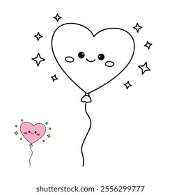 Heart balloon valentine. Heart balloon coloring page. Valentine theme coloring page. Heart balloon clipart illustration. Valentine day cute greeting elements for card, poster, flyers, invitation.